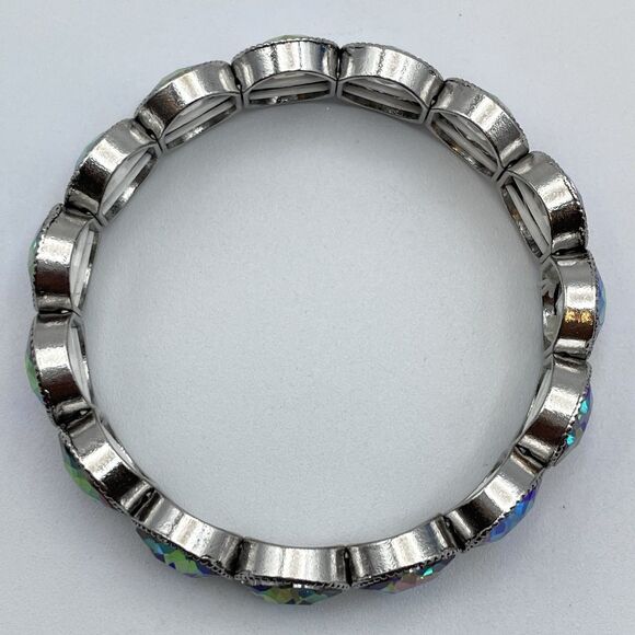 Silver Tone Blue AB Round Cut Glass Rhinestone Stretch Bracelet Boho Fashion - Picture 5 of 7